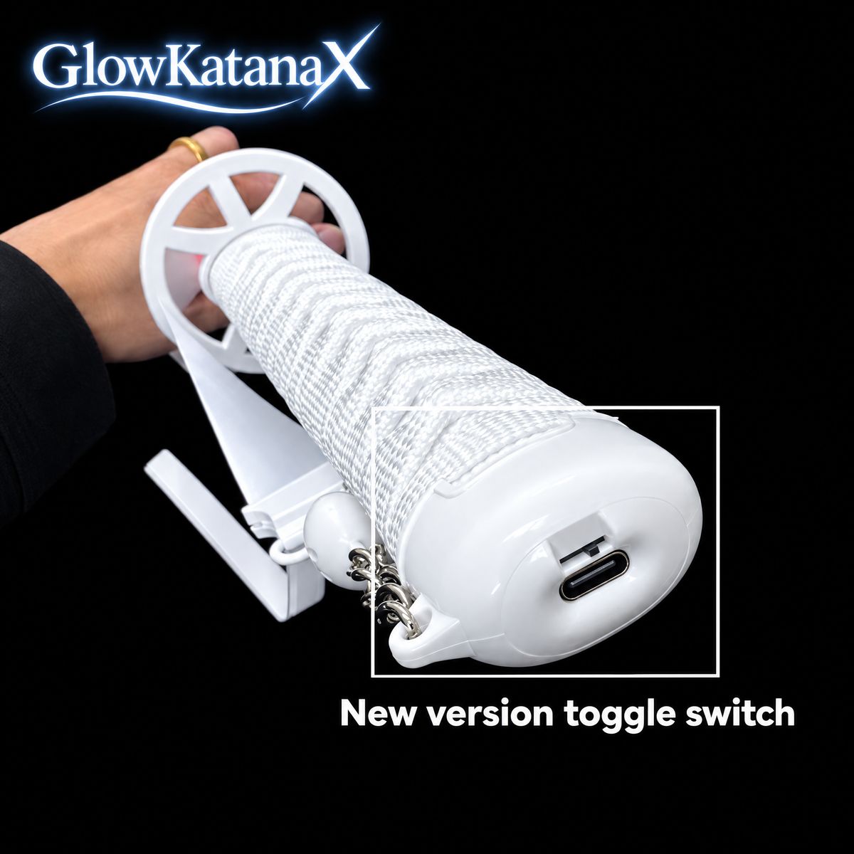 GlowKatanaX handle with Type-C charging port and toggle switch on the pommel