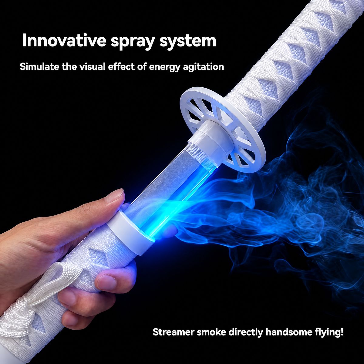 Close-up of the GlowKatanaX spray system releasing blue mist